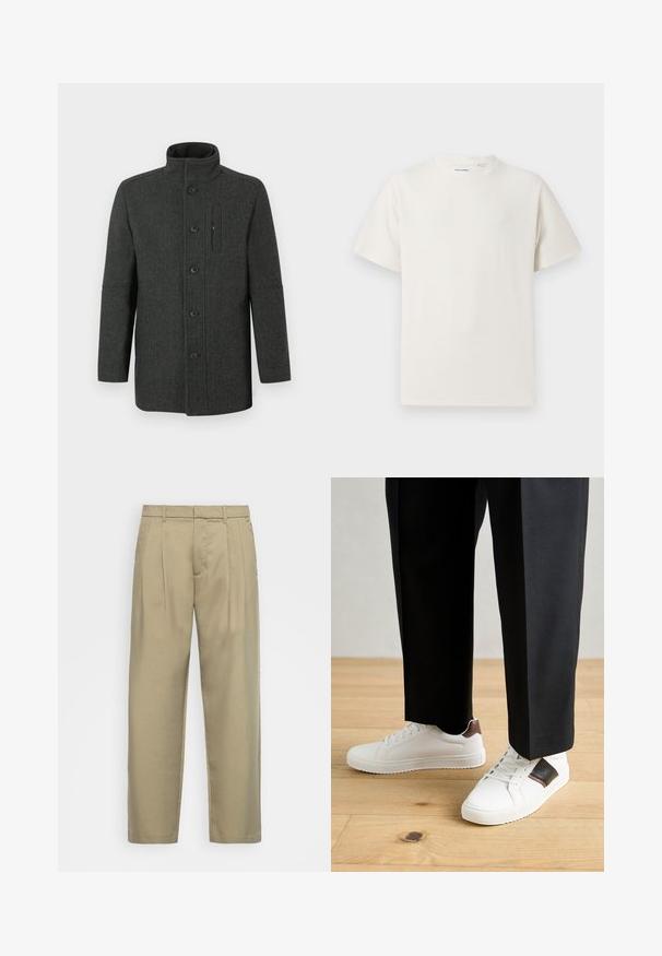 Sötétszürke halszálkamintás gyapjúkabát magas gallérral, gombos záródással és oldalzsebes részlettel. Klasszikus, testre szabott fazon.; Fehér, rövid ujjú póló bordázott textúrával. Kerek nyakkivágás, laza szabás, nincs látható minta vagy díszítés. Egyszerű és sokoldalú dizájn.; Beige, magas derékú, egyenes szabású nadrág, lapos elejével, oldalsó zsebeivel és sima, textúrált anyagával.; Fehér sneaker, sima textúrával, barna bőr díszítéssel és fekete részletekkel, fekete szabott nadrággal párosítva. Fából készült padló háttér.