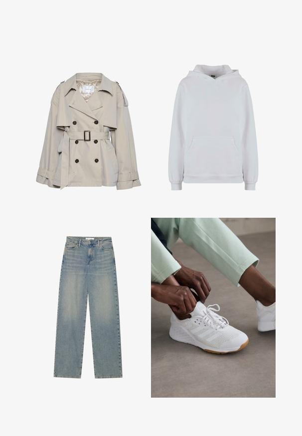 Gestuz BIRDIE - Leichte Jacke - sand; Weiße Kapuzenpullover aus Baumwollgemisch. Verfügt über lange Ärmel, eine Fronttasche im Känguru-Stil und gerippte Bündchen und Saum.; Helle blaue, hochgeschnittene, gerade geschnittene Jeans aus Denim mit Fronttaschen, Gürtelschlaufen sowie sichtbarem Knopf- und Reißverschluss.; Weißer Sportschuh mit einem Mesh-Obermaterial, Gummisohle und einem Design mit drei Streifen. Die Schnürsenkel werden ajustiert; hellgraue und mintgrüne Kleidung ist sichtbar.