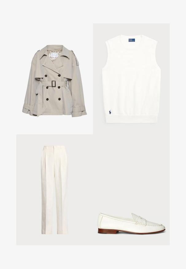 Gestuz BIRDIE - Καλοκαιρινό μπουφάν - sand; Λευκό αμάνικο πουλόβερ από απαλό βαμβάκι, με ριμπ τελείωμα και μικρό ναυτικό λογότυπο στο κάτω αριστερό μέρος. Απλός σχεδιασμός, χωρίς μοτίβα.; Polo Ralph Lauren HEMP WIDE LEG PANT - Παντελόνι - nevis; Λευκά δερμάτινα μοκασίνια με υφή, στρογγυλή μύτη και πλεκτή λεπτομέρεια. Χαμηλός ξύλινος τακούνι και μινιμαλιστικός σχεδιασμός.