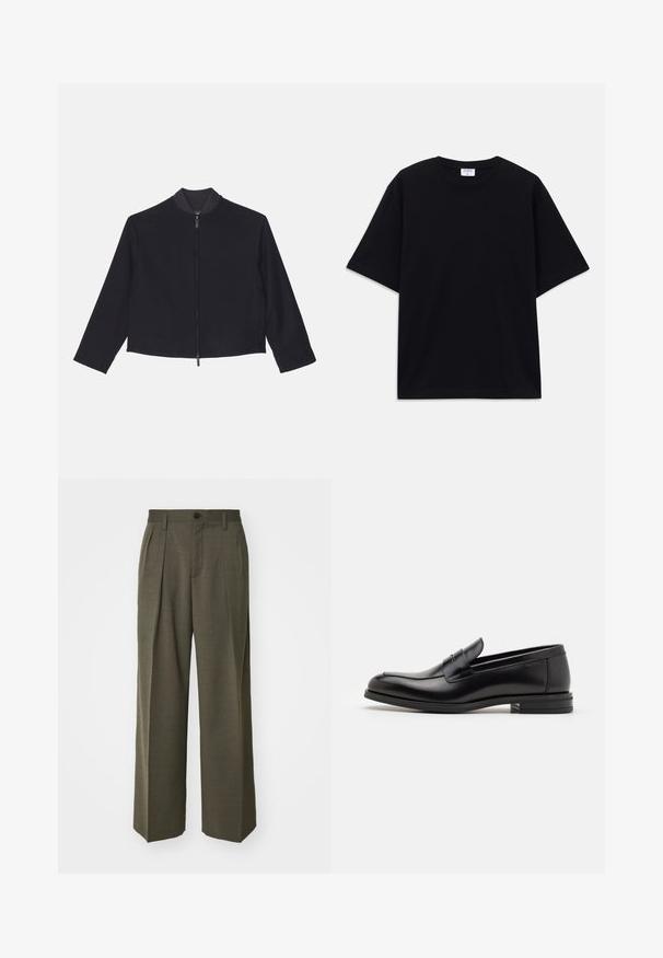 Emporio Armani Καλοκαιρινό μπουφάν - blu navy; Μαύρο κοντομάνικο oversized T-shirt με στρογγυλή λαιμόκοψη και ορατή ετικέτα μάρκας Filippa K μέσα στον γιακά.; Filippa K WIDE TROUSERS - Παντελόνι - driftwood; Μαύρες δερμάτινες μπαλαρίνες με λεία υφή, στρογγυλή μύτη και διακοσμητική ταινία πάνω από το επάνω μέρος. Χαμηλός καπιτώνας, μινιμαλιστικός σχεδιασμός.
