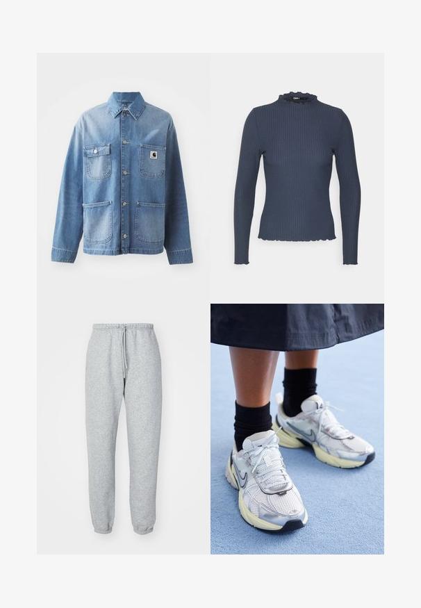 Světlemodrá džínová bunda s límcem, zapínáním na knoflíky a čtyřmi kapsami. Obsahuje nášivku s logem na levé části hrudi a kovové knoflíky.; Námořnická modrá halenka s dlouhým rukávem v žebrovaném vzoru. Obsahuje vysoký výstřih se zoubkovaným okrajem a slim fit střih.; Tři bezramínkové trička v modré, černé a bílé barvě. Materiál je ribovaný s kulatým výstřihem. Každé tričko má štítek s nápisem „even&odd.“; Šedé tepláky vyrobené z měkké, texturované látky. Mají elastický pas s tkaničkou, zúžené kotníky a žádné viditelné vzory nebo loga.; Bílé a stříbrné tenisky Nike z prodyšné tkaniny s reflexními akcenty a béžovou podrážkou. Nosené s černými ponožkami, stojící na modrém povrchu.