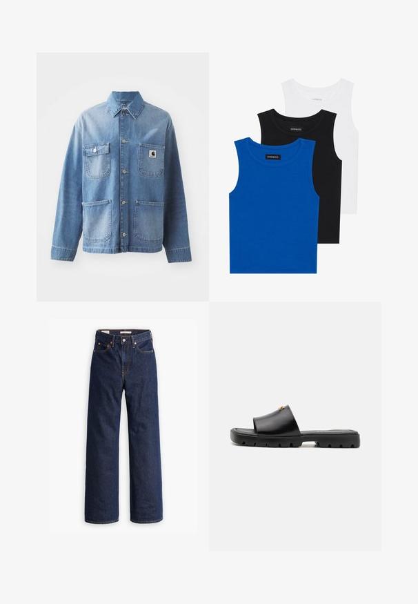 Chaqueta de denim azul claro con cuello, cierre de botones y cuatro bolsillos. Presenta un parche con logo en el lado izquierdo del pecho y botones metálicos.; Tres camisetas sin mangas en azul, negro y blanco. La tela es acanalada con un escote redondo. Cada camiseta tiene una etiqueta con la inscripción "even&odd."; Vaqueros de mezclilla azul oscuro de pierna recta con cinco bolsillos, costuras naranjas y cierre de botón.; Mulas negras con un empeine de cuero mate y suave, y una suela gruesa y texturizada de goma. Acento notable de hardware dorado en el empeine. Diseño sencillo y abierto.