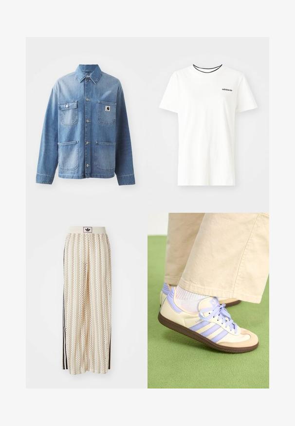 Light blue denim jacket with a collar, button front, and four pockets. Features a patch logo on the left chest and metallic buttons.; White cotton t-shirt with short sleeves and a round neckline. Features a black Adidas logo on the chest and a contrasting black inner collar.; Cream-colored wide-leg pants with a zigzag pattern, featuring a black logo waistband and side black stripes. Lightweight, textured fabric.; Cream and lavender sneakers with three stripes and a textured brown sole, featuring laces and a padded heel. Soft fabric upper.