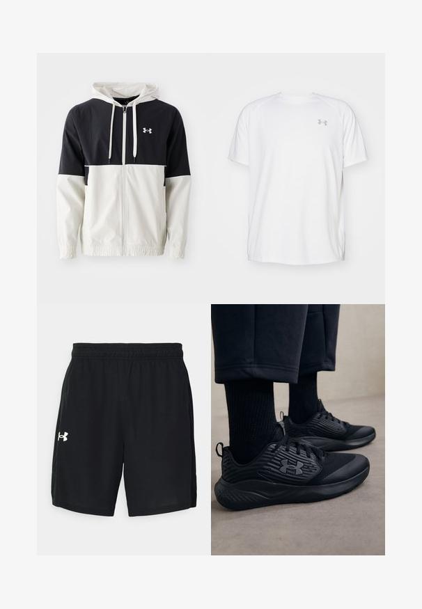 Kapuzenshirt in Marineblau und Creme, aus leichtem Material. Verfügt über elastische Bündchen, einen Reißverschluss vorne und ein Logo auf der Brust.; Weißes kurzärmeliges Sportshirt aus glattem Material. Mit Rundhalsausschnitt und grauem Logo auf der linken Brust, sowie seitlichen Schlitzen am Saum.; Schwarze Sportshorts aus leichtem Material mit elastischem Bund und einem weißen Logo auf der linken Seite.; Person in schwarzen Sport Sneakers mit strukturierten Seiten und Logo, kombiniert mit schwarzen Socken und kürzeren Hosen auf einem hellen Boden.