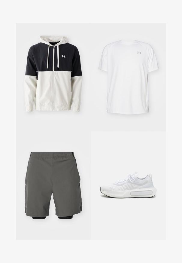 Kapuzenshirt in Marineblau und Creme, aus leichtem Material. Verfügt über elastische Bündchen, einen Reißverschluss vorne und ein Logo auf der Brust.; Weißes kurzärmeliges Sportshirt aus glattem Material. Mit Rundhalsausschnitt und grauem Logo auf der linken Brust, sowie seitlichen Schlitzen am Saum.; Graue Sportshorts aus glattem, leichtem Stoff mit einem elastischen Bund, ausgestattet mit inneren Kompressionsshorts und Seitentaschen.; Weißer Sportschuh mit einem strukturierten Strick-Obermaterial, Schnürverschluss, gepolsterter Sohle und einem markanten Branding-Detail an der Seite.