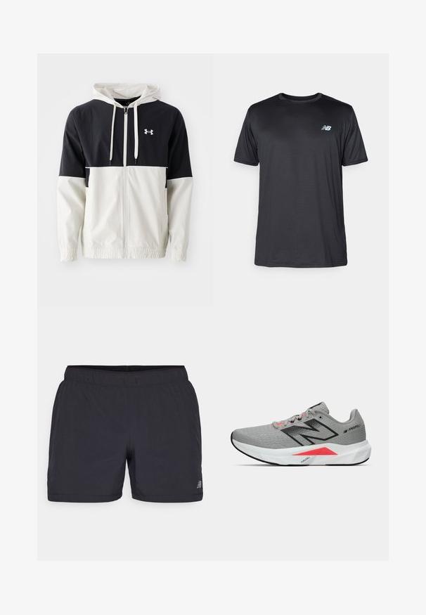 Kapuči jaka tumši zila un krēmkrāsā, izgatavota no viegla materiāla. Ir elastīgas aproces, rāvējslēdzēja priekšpuse un logo uz krūtīm.; New Balance Sporta krekli - black; Melni sporta šorti ar elastīgu jostu, viegla auduma, ar diskrētu logotipu apakšējā kreisajā pusē. Gluda tekstūra.; Pelēki sporta apavi ar teksturētu acs augšdaļu, melniem akcentiem, rozā detaļām un baltu mīksto zoli ar izteiksmīgu trīsstūra dizainu.