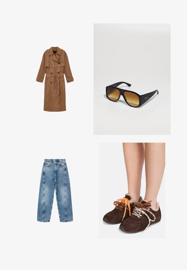Bruine linnen trenchcoat met een dubbelrijige sluiting, schouderepauletten en een bijpassende riem, voorzien van twee voorzakken en omgeslagen mouwen.; Grijze cropped trui gemaakt van zacht, fuzzy materiaal. Heeft lange mouwen en een ronde halslijn, met een gladde, lichte textuur.; Witte T-shirt met korte mouwen, gemaakt van zachte katoen, met een ronde halslijn en een ontspannen pasvorm met omgerolde zoomdetails. Geen patronen of accenten.; Lichtblauwe denim jeans hebben een relaxte pasvorm, grote zakken en contrasterende stiksels. De stof heeft een vervaagde afwerking met een soepele textuur.; Bruine leren instapschoenen met een voering van bont, gedragen op blote voeten, met mismatched veters: de ene is oranje en de andere is wit met zwarte strepen.; Zwarte rechthoekige zonnebril met bruine verlooplenzen. Gemaakt van plastic, met een glad oppervlak en een subtiele gouden logo op de poot.