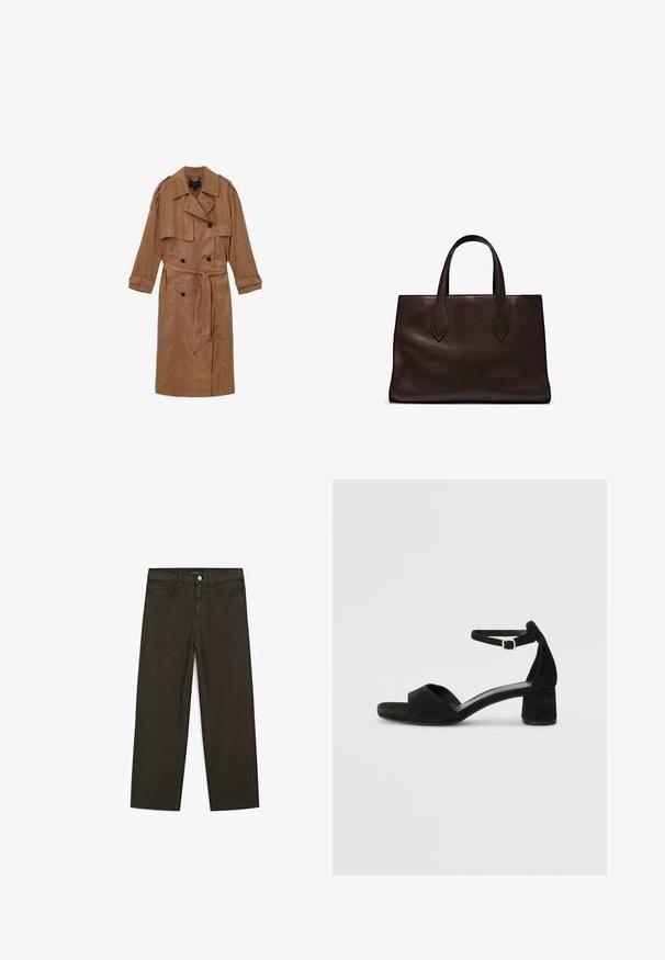 Brown, linen trench coat with a double-breasted design, shoulder epaulettes, and a matching belt, featuring two front pockets and rolled cuffs.; Dark brown short-sleeve t-shirt made of cotton. Features a round neckline and a relaxed fit, with no visible patterns or accents.; Dark green wide-leg jeans made of cotton blend, featuring a front button closure, five pockets, and classic denim stitching.; Black suede heeled sandals with a thin ankle strap, open toe design, and a modest block heel. Smooth texture and minimal accents.; Brown leather tote bag with two elongated handles, structured rectangular shape, smooth texture, and subtle stitching details.