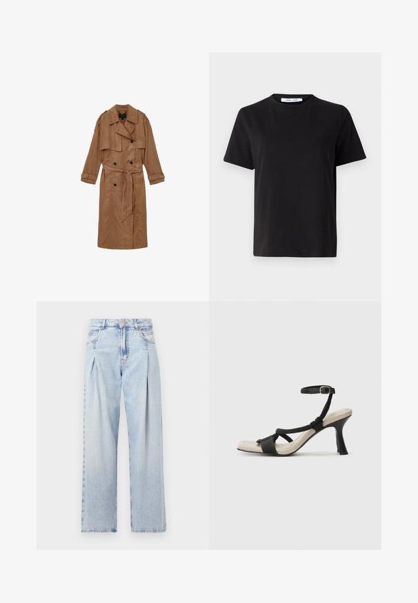 Hnedý ľanový trenčkot s dvojradovým dizajnom, ramennými epauletami a zodpovedajúcim opaskom, s dvoma prednými vreckami a zvitými manžetami.; Čierne tričko s krátkym rukávom vyrobené z mäkkej bavlny, s okrúhlym výstrihom, uvoľneným strihom a hladkou štruktúrou. Žiadne viditeľné vzory ani grafika.; Svetlomodré džínsy s vysokým pásom, širším strihom po celej dĺžke, dvoma bočnými vreckami a skladaným dizajnom. Mäkka textúra s vyblednutým vzhľadom.; Čierne sandále na podpätku s pleteným pásikom, štvorcovou špičkou a nastaviteľným remienkom okolo členka. Svetlobéžová stielka s lesklým čiernym podpätkom.