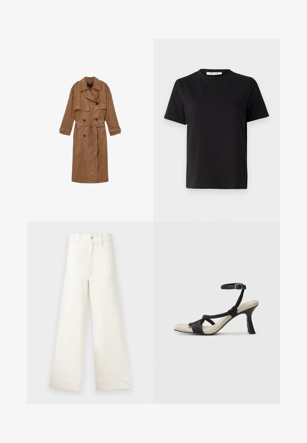 Barna vászon trench kabát dupla gombolású kialakítással, vállpántokkal és hozzáillő övvel, két elülső zsebbel és felgyűrt mandzsettával.; Fekete, rövid ujjú póló, puha pamutból készült, kerek nyakkivágással, laza szabással és sima textúrával. Nincs látható minta vagy grafikák.; Világos bézs pamut széles lábú nadrág. Magas derék, elülső zsebek és egyenes vonalú fazon jellemzi. Tiszta, mintázat nélküli hem befejezés.; Fekete sarkú szandál fonott pánttal, négyzet alakú orral és állítható bokapánttal. Világos bézs talpbetét fényes fekete sarkával.
