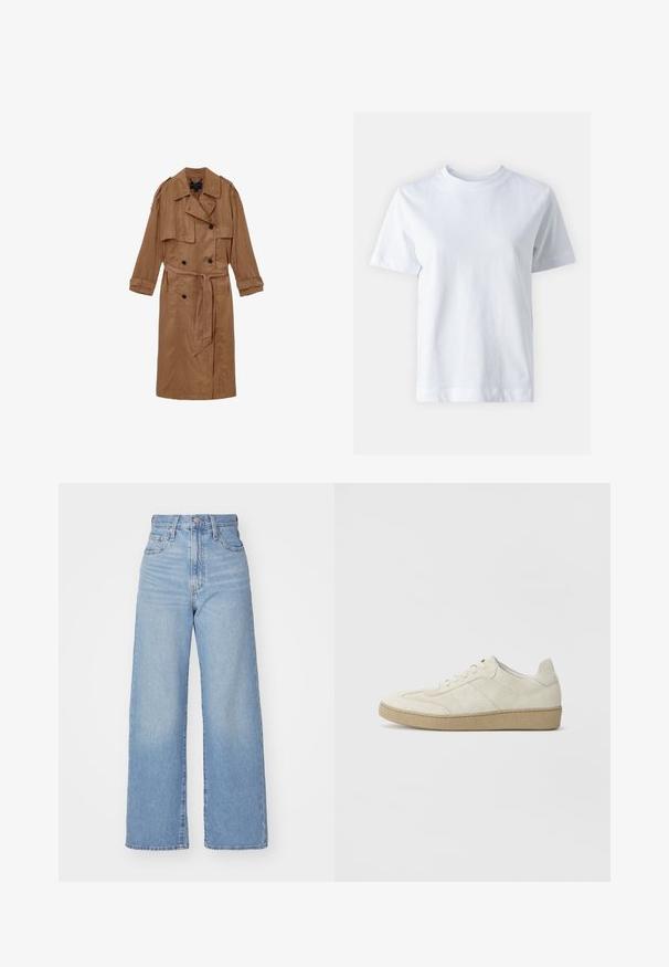 Manto bej din in cu un design dublu-butonat, epauleți pe umeri și o curea asortată, având două buzunare frontale și manșete răsucite.; Tricou alb din bumbac, cu guler rotund, mâneci scurte, croială dreaptă și textură netedă. Fără modele sau embellishments.; Jeans cu talie înaltă, de culoare albastru deschis, cu croială largă, dotate cu nasture și fermoar la față, buzunare în față și spate, pe un fundal alb.; Adidași bej din suede cu un design texturat, talpă din cauciuc plat și cusături laterale distincte. Vârf rotund și detaliu cu guler căptușit.