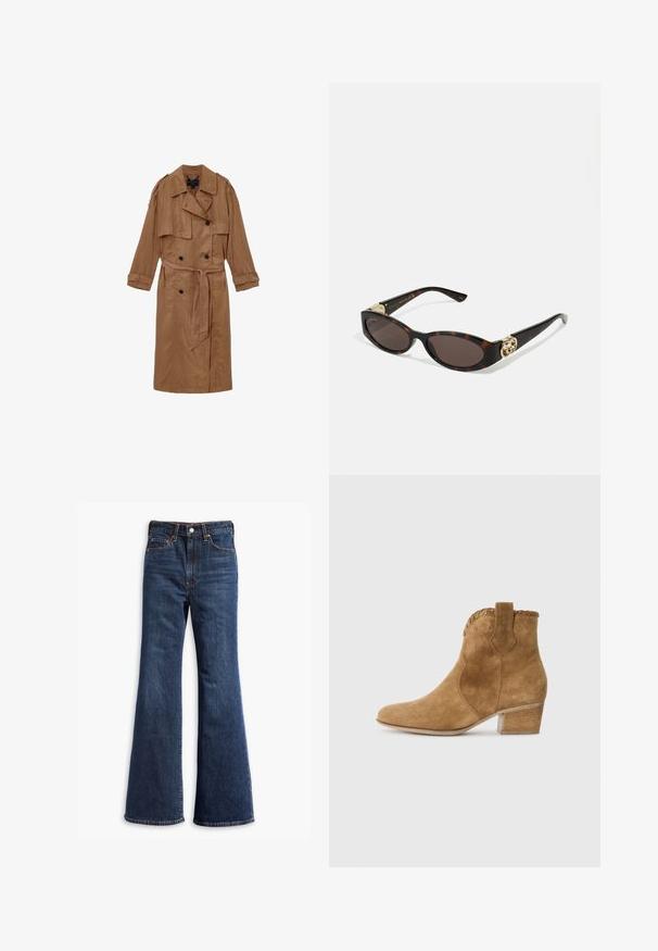 Brown, linen trench coat with a double-breasted design, shoulder epaulettes, and a matching belt, featuring two front pockets and rolled cuffs.; Black cropped t-shirt made of cotton, featuring a round neckline and short, wide sleeves for a loose fit. Smooth texture, simple design.; High-waisted dark blue denim jeans with flared legs, front button and zipper closure, and five-pocket design.; Tan suede ankle boot with a pointed toe, textured trim at the collar, and a block heel. Features pull tab for easy wear.; Tortoiseshell sunglasses with elongated oval lenses, brown tint, gold logo accents on temples, and sleek black arms.; Brown faux suede tote bag with two sturdy handles, a structured shape, and minimalistic design, featuring subtle stitching accents.