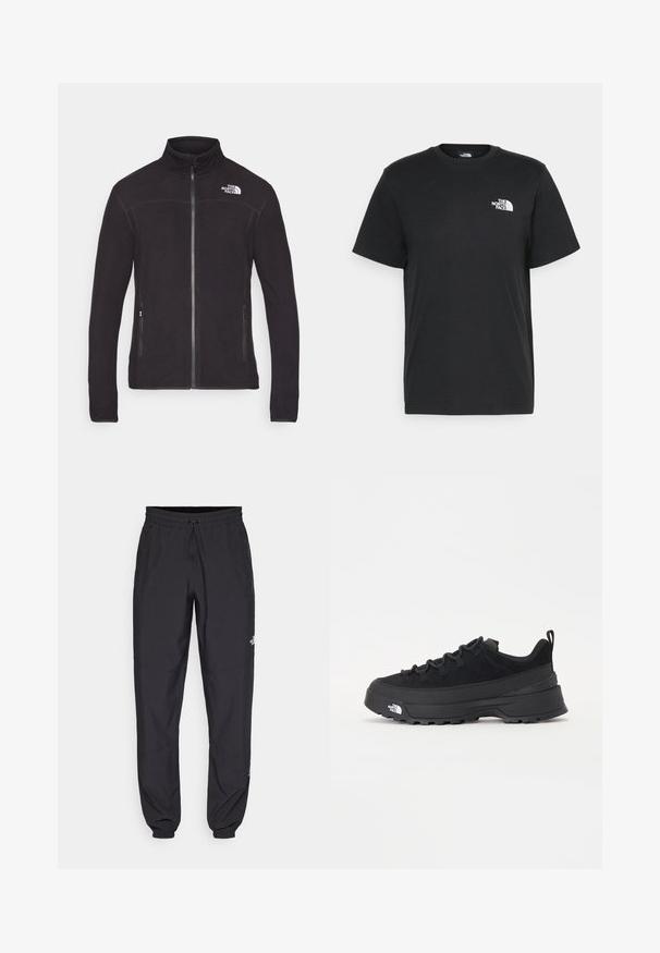 Svart fleecejakke med høy krage, glidelås foran og to sidelommer. Har en hvit logo på øvre venstre side. Glatt tekstur.; Svart bomull t-skjorte med korte ermer, rund hals og en liten hvit logo på venstre bryst. Enkel design, glatt tekstur og avslappet passform.; Sorte idrettsbukser laget av lett stoff, med snor i livet, sidelommer og smale mansjetter ved anklene.; Svart utendørs sneakers med overdel i semsket skinn, teksturert gummisåle og solid snøresystem. Har forsterket hæl og merkevarelogo på siden.