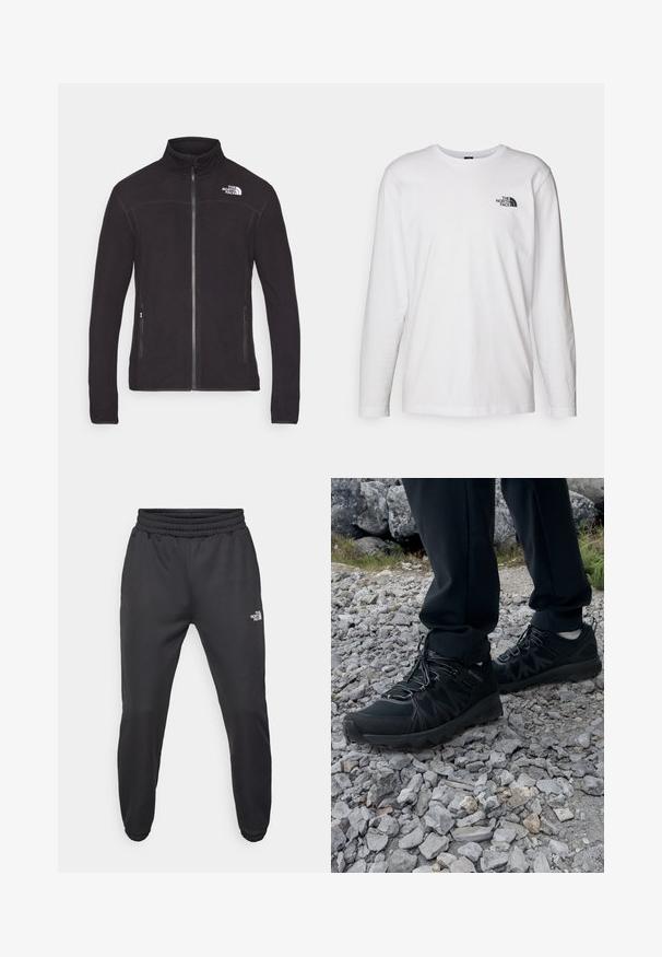 Chaqueta de forro polar negra con cuello alto, cremallera frontal y dos bolsillos laterales. Presenta un logo blanco en la parte superior izquierda. Textura suave.; Camiseta de manga larga blanca de algodón con cuello redondo. Presenta un pequeño logotipo negro en el pecho. Textura suave, corte regular.; Pantalones deportivos negros con cintura ajustable mediante cordón, corte tapered, puños elásticos y un pequeño logo blanco en el muslo izquierdo, fabricados en tejido suave.; Zapatos exteriores negros con malla y material sintético, que presentan un upper texturizado, un sistema de cordones seguro y una suela robusta, sobre terreno rocoso.