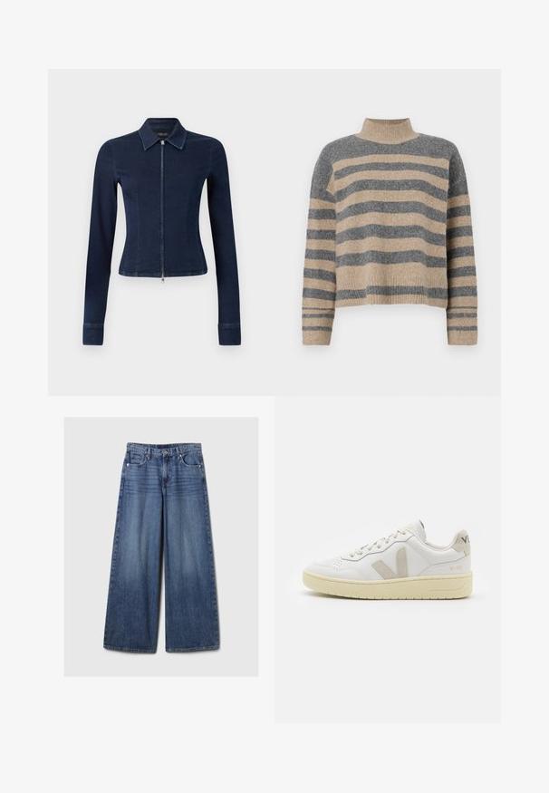 Temno modra denim jakna s prilegajočim krojem, dolgimi rokavi in sprednjim zadrgo. Ima ovratnik in rahlo razširjene manšete.; Prajčast pulover z šivi v sivi in bež barvi, visokim ovratnikom, širokimi manšetami in sproščenim krojem s skrajšano zasnovo.; Široke jeans hlače iz modrega denima z bledečim finišem, z gumbom in zadrgo, petimi žepi in zanko za pas.; Bela usnjena tenisača z bež semiš poudarki, perforiranim prednjim delom, ravnimi vezalkami in strukturiranim kremnim podplatom. Ima diskretno blagovno znamko na peti.