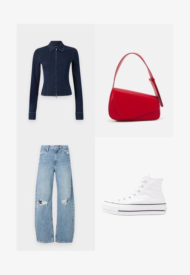 Temno modra denim jakna s prilegajočim krojem, dolgimi rokavi in sprednjim zadrgo. Ima ovratnik in rahlo razširjene manšete.; Cvetna bluzica z dolgimi puff rokavi, svetlo smetanaste barve, s purpurnimi, oranžnimi in zelenimi cvetličnimi vzorci ter klasičnim ovratnikom.; Svijetloplave traperice visoki struk. Imaju široke nogavice, dva poderana područja na koljenima i klasičan petotoksi stil.; Beli visoki platneni športni čevelj z črnim gumijastim podplatom, sprednjim gumijastim zaščitnikom za prste in šestimi luknjicami za vezalke, ki se ponaša s preprostim, minimalističnim dizajnom.; Rdeča usnjena torba z angularnim, geometrijskim dizajnom. Ima en samostoječ nastavljiv ročaj in pokrov, zaprt z zapiranjem, ki je okrašen s šivi.