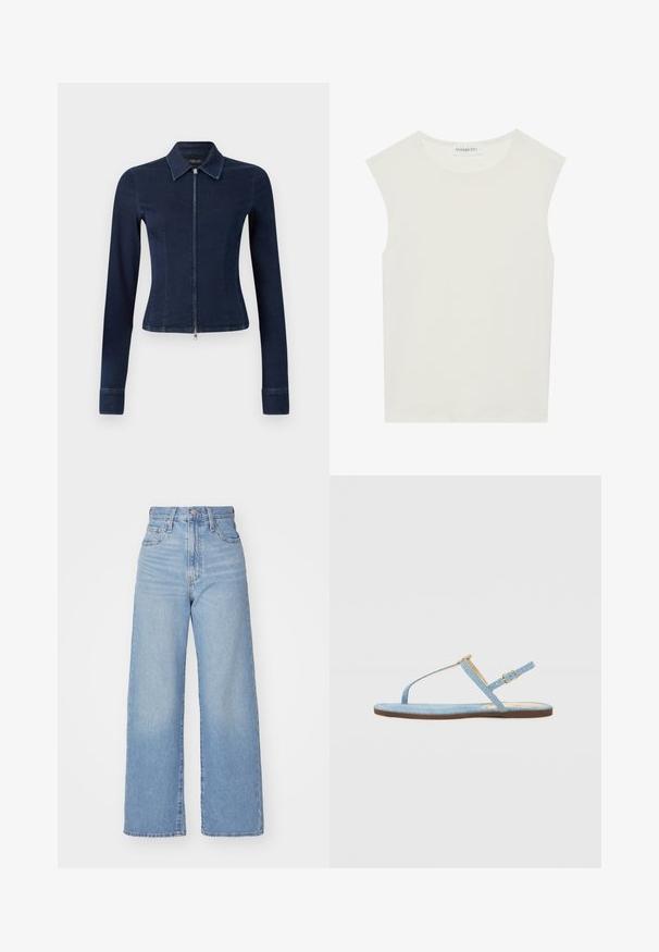 Dark blue denim jacket with a fitted design, long sleeves, and a front zipper closure. Features a point collar and slightly flared cuffs.; White sleeveless top with a round neckline. Made of smooth fabric, it features a relaxed fit and minimalist design. No patterns or accents.; Light blue high-waist wide-leg jeans with front button and zip closure, front and back pockets, on a white background.; Blue denim flat sandal with a T-strap design, adjustable ankle strap, and a brown sole. Features a simple buckle accent.