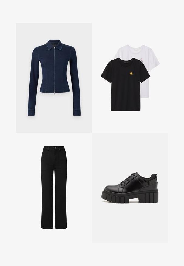 Mørkeblå denimjakke med en tettsittende design, lange ermer og glidelås foran. Har spiss krage og litt utsvingte mansjetter.; Svarte og hvite T-skjorter, rund hals, korte ermer. Den svarte T-skjorten har gul brodering av en sol; den hvite har lilla halvmåne-detaljer.; Sorte, høy midje bukser med rett ben-design, laget av glatt bomullsstoff. Har frontlommer og en enkel metalldeksel.; Svarte lærplattformsko med kraftig blokkhell, rund tå og tradisjonell snøring. Har en jevn tekstur og minimal detaljering.