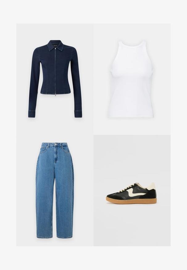 Temno modra denim jakna s prilegajočim krojem, dolgimi rokavi in sprednjim zadrgo. Ima ovratnik in rahlo razširjene manšete.; Bela brezrokavna majica iz rebraste tkanine, z zaobljenim izrezom in prilegajočim silhueto, z minimalnimi šivi in brez okraskov.; Svijetloplave traperice ravnog kroja, visokog struka i prednjim kopčanjem. Sadrže pet džepova i minimalne šavove.; Črne semiš in usnjene superge s kremasto stransko puščico in svetlo kremasto peto. Imajo bež čipke in gumijast podplat.
