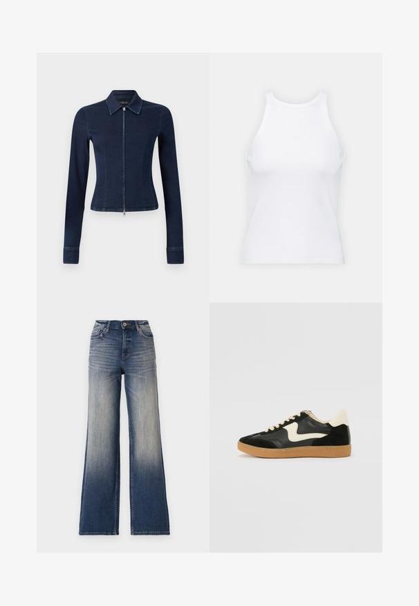 Granatowa dżinsowa kurtka o dopasowanym fasonie, z długimi rękawami i zamkiem błyskawicznym z przodu. Posiada kołnierzyk z klapami oraz lekko rozszerzane mankiety.; Biała bezrękawnikowa koszulka wykonana z prążkowanej tkaniny, z okrągłym dekoltem i dopasowanym krojem, o minimalnych szwach i bez ozdób.; Jeans o wysokim stanie, szerokie nogawki, w jasnym do ciemnego niebieskiego denimu z przetarciami, z zapięciem na guzik i szlufkami na pasek. Czysty dół i brak widocznych ozdób.; Czarne zamszowe i skórzane sneakersy z kremowym boku i jasnokremowym piętą. Posiada beżowe sznurowadła i gumową podeszwę.