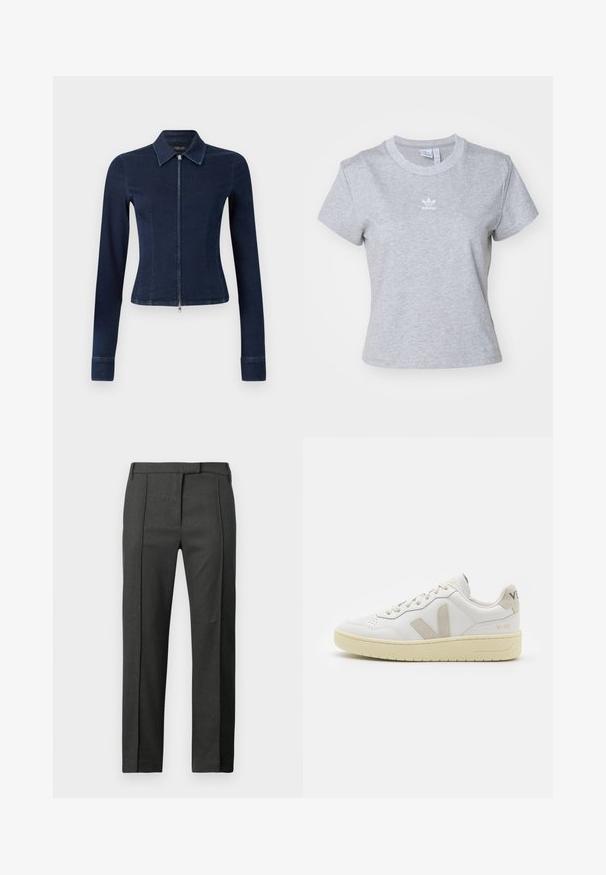 Tamno plava traper jakna s prilagođenim dizajnom, dugim rukavima i prednjim zatvaračem. Ima ovratnik u obliku točke i blago proširene manžete.; adidas Originals ESS SLIM - Osnovna majica kratkih rukava - medium grey heather; Tamno sivi krojeni hlače s pregibom na prednjoj strani, loops za remen i skrivenim prednjim zatvaranjem, prikazane na bijeloj pozadini.; Bijele kožne tenisice s bež nubuk naglascima, perforiranim prednjim dijelom, ravnim čipkama i teksturiranom kremastom potplatom. Sadrži suptilni brend na pete.