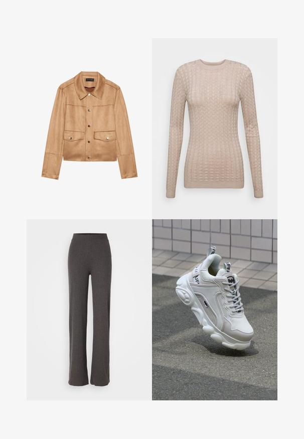 Světlě hnědý zkrácený kabát vyrobený z měkkého materiálu, s špičatým límcem, stříbrnými knoflíky, dvěma předními kapsami a bezšvovou konstrukcí.; Beige svetr s dlouhým rukávem a texturovaným vzorem, s kulatým výstřihem a žebrovanými manžetami. Vyrobeno z měkké, lehké tkaniny.; Šedé ribbed pletené kalhoty s širokými nohavicemi a elastickým pasem. Tkanina má texturovaný vzhled, což zajišťuje uvolněný střih.; Bílé tenisky vyrobené z textilního a koženého materiálu, s kulatou špičkou, silnou podrážkou, výraznými šňůrkami a logem na patě a jazyku.