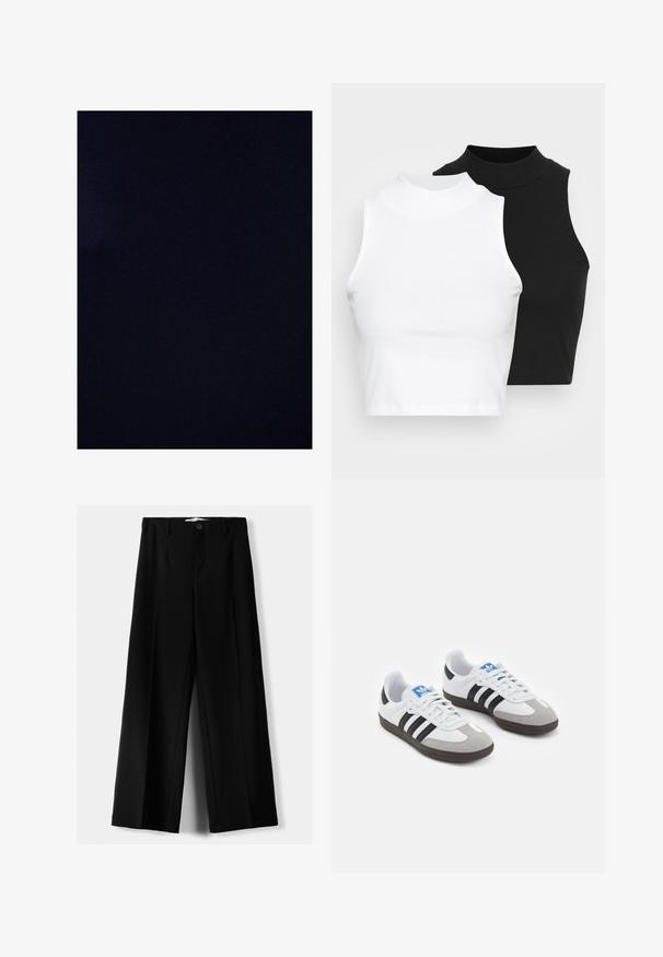 Touché Privé OVERSIZE - Lahka jakna - navy blue; Dva brezrokavniki z rebrasto turtleneck gorami v črni in beli barvi, z oblikovanim dizajnom in gladko teksturo, v skrajšani dolžini.; Črne široke hlače iz lahkega materiala, z zapiranjem na gumb spredaj in ravnim sprednjim delom, s skrbno zašiti robovi.; Športni čevlji z belim usnjenim zgornjim delom, sivim semišem na prstih in tremi črnimi črtami. Imajo modro logo na jeziku in teksturiran gumijast podplat.