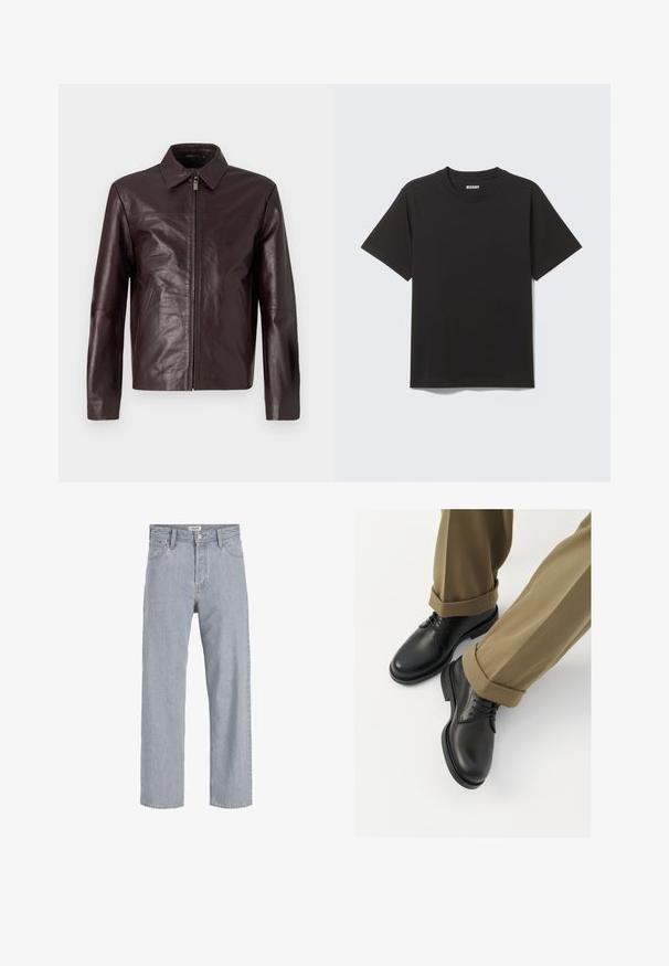 Brown leather jacket with a svelte design, front zipper, pointed collar, and side pockets. Smooth texture and fitted silhouette.; Black short-sleeve T-shirt made of soft cotton, featuring a round neckline and simple design without patterns or accents.; Light blue denim jeans with a relaxed fit, straight leg design, visible stitching, two front pockets, and a button closure.; Black leather dress shoes with a smooth finish, featuring laces and a rounded toe, paired with rolled-up khaki trousers.