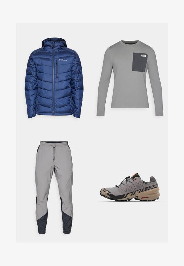 Mörkblå isolerad puffjacka med huva, med kviltad design, dragkedjestängning och diskret logotyp på övre vänstra bröstet.; Långärmad grå skjorta i texturerad tyg, med en mörkgrå bröstficka och dragkedjestängning. Logotyp på fickan i vitt.; Lätta, grå träningsbyxor med svarta detaljer. Elastisk midja, dragsko stängning, tapered design och sidofickor.; Grå och svart terränglöparskor med en strukturerad ovandel, synligt snörningssystem och slitstarkt yttersulor. Inkluderar orange detaljer och varumärkeslogotyp.