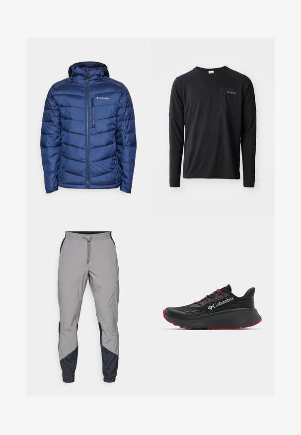 Sötétkék, bélelt pufi kabát kapucnival, steppelt dizájnnal, cipzáras záródással és diszkrét logóval a bal felső mellkason.; Columbia COLUMBIA TECH™ LONG SLEEVE CREW - Hosszú ujjú felső - black; Könnyű, szürke sportnadrág fekete részletekkel. Rugalmas derékpánt, zsinóros zárás, szabott lábszár kialakítás és oldalsó zsebek.; Fekete sportcipő texturált felsőrésszel, piros fűzőkkel és logóval. Vastag talp, mintás járófelülettel a tapadásért. Minimalista dizájn, oldalnézet.