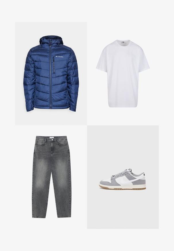 Tums zilas izolēts pufis mētelis ar kapuci, ar kvadrātveida šuvēm, ar rāvējslēdzēja aizdari un diskrētu logotipu kreisajā augšējā krūtīs.; Balta kokvilnas T-kreklu ar īsām piedurknēm, apaļu kakla izgriezumu, brīvu piegriezumu un bez redzamām logo vai rakstiem. Gluda tekstūra un minimālistisks dizains.; Augsta vidukļa, platā stila džinsi izbalējušā melnā denima. Ar pieciem kabatām, jostas cilpām un tīru, taisnu kāju dizainu.; Pelēki un balti sporta apavi ar zamšādas un ādas virsu, noapaļota purngala, plakaniem šņorēm un gumijas zoli ar gumijas akcentu.