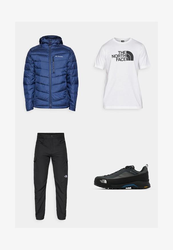 Tamsiai mėlynas izoliacinis pūkinis švarkas su kapišonu, turintis siuvinėtą dizainą, užtrauktuką ir subtilų logotipą viršutinėje kairėje krūtinės pusėje.; Balta medvilnės marškinėliai su juodu grafiniu spaudiniu, kuriame yra tekstas ir išlenkto logotipo dizainas. Apvalus iškirpimas ir trumpomis rankovėmis. Lygus audinys.; The North Face HORIZON PANT - Lauko kelnės - black; The North Face VERTO ALPINE GORE TEX - Turistiniai batai - asphalt grey/tnf black