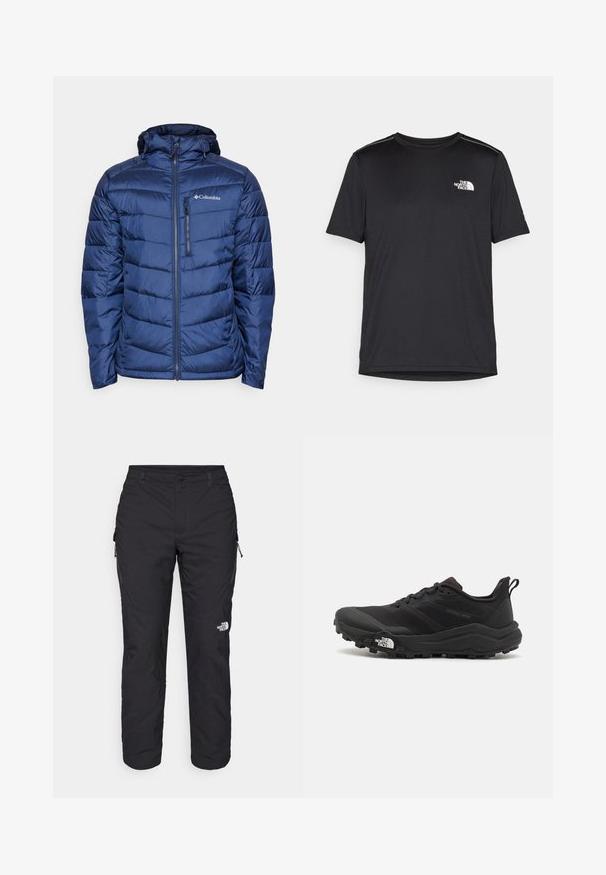 Navy blue insulated puffer jacket with a hood, featuring quilted design, zip closure, and subtle logo on the upper left chest.; Black short-sleeve T-shirt made from lightweight fabric. Features a small white logo on the left chest and subtle shoulder accents.; The North Face WINTER EXPLORATION TAPERED CARGO - Outdoor trousers - black; Black trail running shoe with a textured upper, rubber sole, and reinforced toe cap. Features a padded collar and pull tab for easy wear.