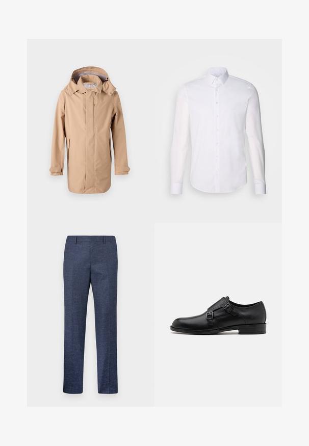 Beige waterproof jacket with a hood, front zipper, and side pockets. Features a slightly relaxed fit and adjustable cuffs. Smooth texture.; White long-sleeve button-up shirt made from cotton, featuring a classic collar, front buttons, and minimal stitching detail.; Navy blue trousers made from a textured fabric, featuring straight legs, a flat front, and two side pockets. No visible patterns or accents.; Black leather dress shoe with dual buckles, sleek silhouette, and round toe. Features a low heel and smooth texture.