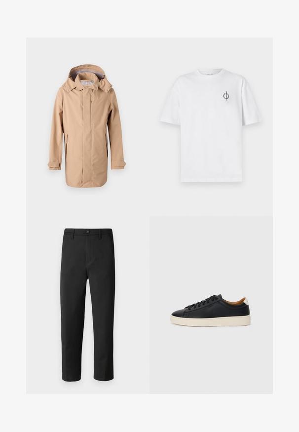 Giacca impermeabile beige con cappuccio, zip frontale e tasche laterali. Presenta una vestibilità leggermente rilassata e polsini regolabili. Texture liscia.; T-shirt in cotone bianco con vestibilità rilassata, presenta un piccolo logo grafico nero nella zona sinistra del petto. Maniche corte, collo a giro.; Pantaloni neri a gamba dritta, realizzati in tessuto liscio. Presentano una chiusura con bottone e passanti per cintura. Nessun motivo o dettaglio visibile.; Sneakers in pelle nera con una texture liscia, suola in gomma beige, design con lacci e un accento del tacco in contrasto.