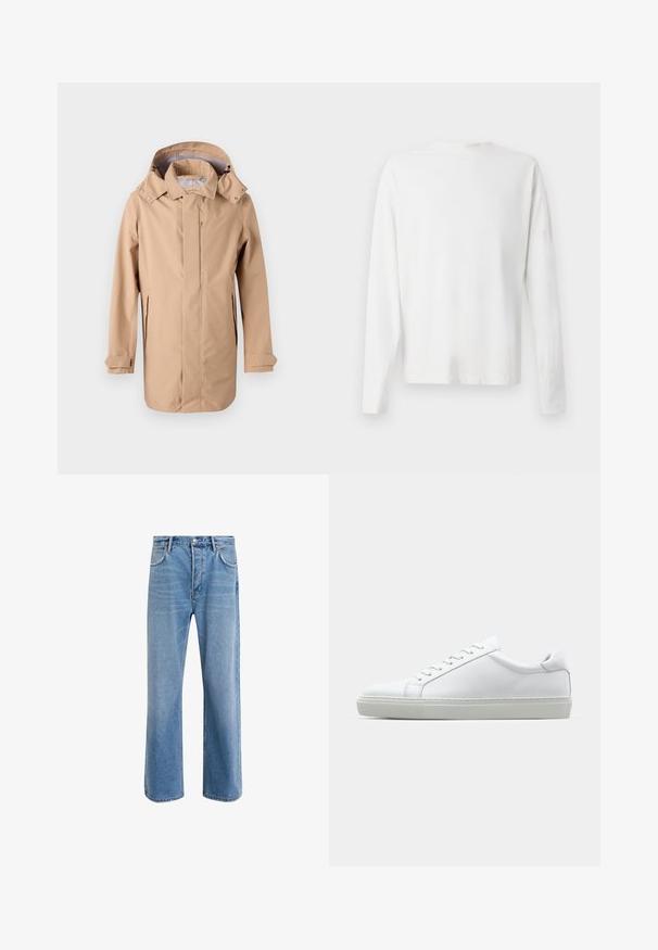 Jachetă impermeabilă bej cu glugă, fermoar frontal și buzunare laterale. Are un fit ușor relaxat și manșete ajustabile. Textură netedă.; Cămașă albă din bumbac cu mâneci lungi, decolteu rotund, fante pe laterale la baza, cu o textură netedă, expusă din spate.; Jeans din denim bleu deschis cu un design drept, cinci buzunare, închidere cu buton, decolorare minimă și detalii de cusătură în contrast.; Adidași albi cu o suprafață din piele netedă și un profil jos. Au un vârf rotunjit, șase orificii pentru șireturi și o talpă din cauciuc texturată.