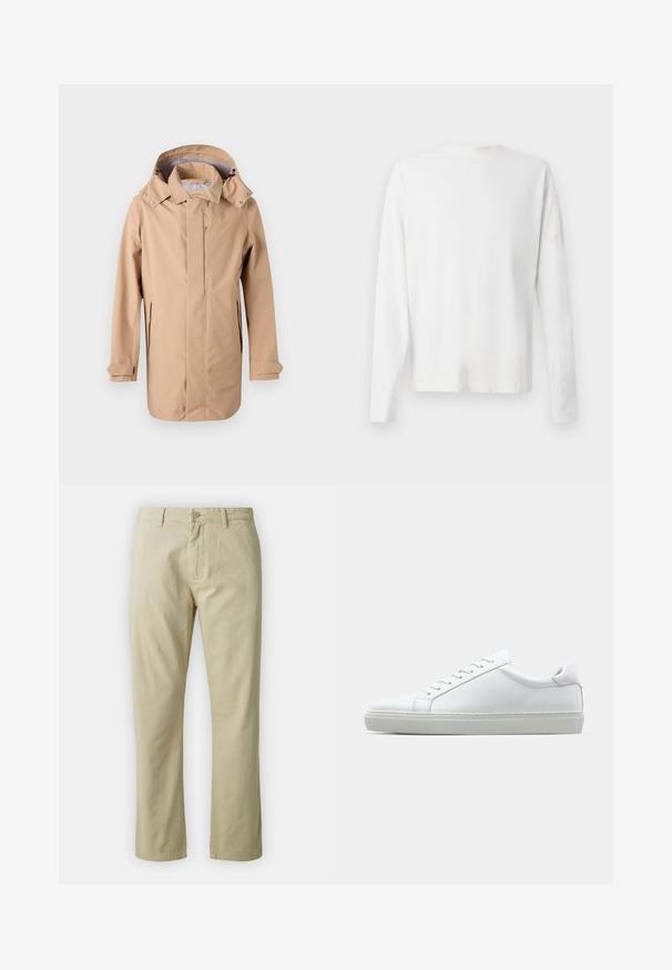 Veste imperméable beige avec une capuche, fermeture éclair sur le devant et poches latérales. Présente une coupe légèrement décontractée et des poignets ajustables. Texture lisse.; Chemise en coton blanc à manches longues avec un col rond, fentes latérales en bas et une texture lisse, présentée de dos.; Pantalon en coton beige avec une coupe droite, fermeture à bouton sur le devant et passants de ceinture. Texture lisse, sans motifs ou accents visibles.; Sneaker blanche avec une tige en cuir lisse et un profil bas. Présente un bout arrondi, six œillets et une semelle en caoutchouc texturé.
