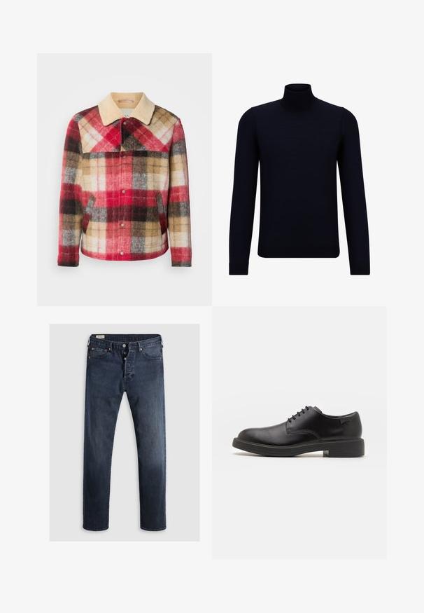 Ruudullinen villatakki, jossa on vaaleanbeige kaulus ja nepparit. Sisältää punaisia, ruskeita ja harmaita väriälohkot. Pehmeä, teksturoitu kangas.; Tumma laivaston sininen pullover-neuletakki, joka on valmistettu hienosta neulosta, pitkillä hihoilla ja istuvalla, korkealla kauluskannalla. Ei näkyviä kuvioita tai koristeita.; Tummansininen farkkushortsit, joissa on suora leikkaus. Varustettu vetoketjulla, metallinapeilla ja kuparirautalangalla. Hienostunut pinta, ei näkyviä kuvioita.; Mustat nahkasaappaat, joissa on pyöreä kärki, sileä pinta, minimaalinen ommel ja matala kumipohja. Logo kannassa.