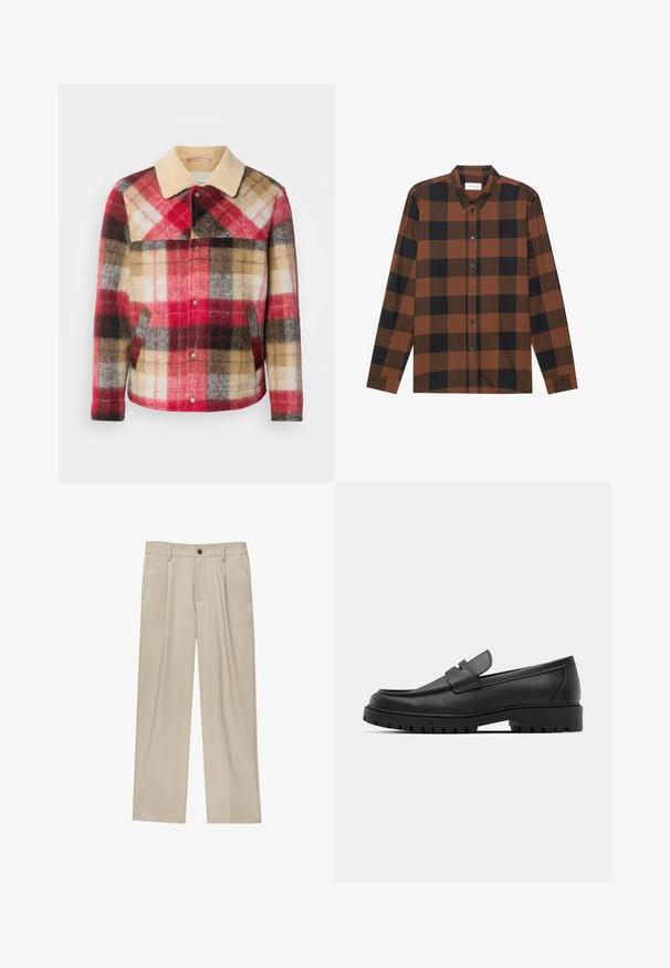 Kostkovaná vlněná bunda s béžovým límcem a patentkami. Obsahuje barevné bloky v červené, hnědé a šedé barvě. Měkká, texturovaná tkanina.; Hnědo-černá kostkovaná košile s dlouhým rukávem, vyrobená z látky, s límečkem na knoflíčky a zapínáním na knoflíky; má manžety na rukávech.; Béžové kalhoty klasického střihu, se jedním černým knoflíkem, poutky na opasek a bočními kapsami. Hladká textilie a minimalistický design.; Černé kožené mokasíny s kulatou špičkou, zdobené prošitím, s nízkou platformou a texturovanou gumovou podrážkou s drážkováním.