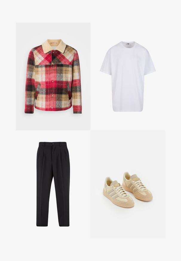 Jachetă din lână cu carouri, cu guler bej și nasturi cu capsenă. Prezintă blocuri de culoare roșie, maro și gri. Material moale, texturat.; Tricou alb din bumbac cu mâneci scurte, decolteu rotund, croială lejeră și fără logo-uri sau modele vizibile. Textură netedă și design minimalist.; Pantaloni negri cu un design față plisată, fabricați dintr-un material neted. Prezintă un închidere cu nasture și brâuri; croială dreptă.; Tenisi bej deschis din suede și materiale textile, cu trei dungi gri, accente texturate și o talpă din cauciuc bej. Sforile sunt albe.