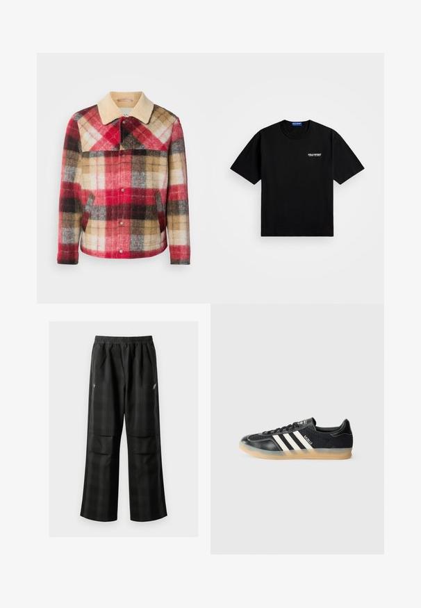 Plaid wool jacket with a beige collared neckline and snap buttons. Features red, brown, and gray color blocks. Soft, textured fabric.; Black cotton t-shirt with a round neckline and short sleeves. Features "POLO SPORT" logo on the left chest in white. Standard fit.; Black plaid pants featuring an elastic waistband, two front pockets, and a loose fit with a straight leg design. Made from lightweight material.; Black athletic sneaker with white stripes, textured fabric, smooth leather toe, and a gum rubber sole. Features logo on tongue.