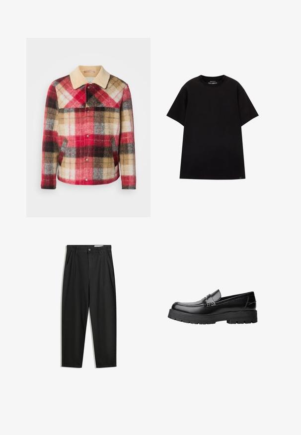 Veste en laine à carreaux avec un col beigne et des boutons-pression. Présente des blocs de couleurs rouge, marron et gris. Tissu doux et texturé.; PULL&BEAR JOIN LIFE - T-shirt basique - black; Pantalon en coton noir avec une coupe décontractée, dotés d'une taille classique, de plis à l'avant et de poches latérales. Texture lisse sans motifs.; Mocassin en cuir noir avec semelle épaisse à motifs et une sangle décorative sur le dessus, présenté en profil sur le côté gauche sur fond blanc.