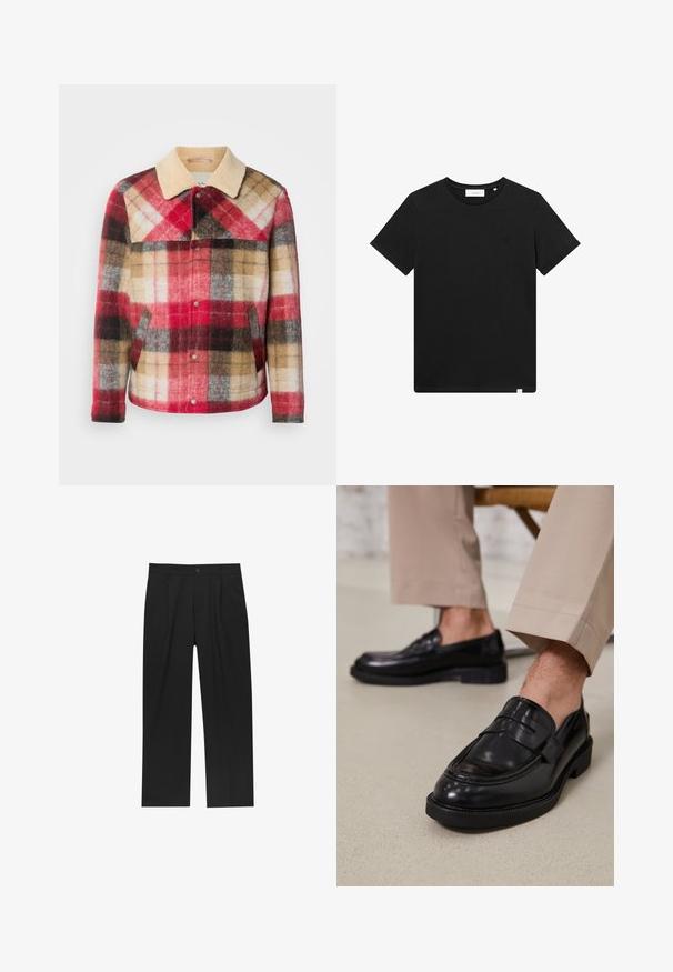 Veste en laine à carreaux avec un col beigne et des boutons-pression. Présente des blocs de couleurs rouge, marron et gris. Tissu doux et texturé.; T-shirt noir à manches courtes en coton, avec un col rond et un petit logo brodé sur la poitrine. Texture lisse, coupe standard.; Pantalons noirs au design droit, fabriqués à partir d'un tissu lisse. Dotés de plis sur le devant et d'une fermeture à un bouton à la taille.; Mocassins en cuir noir avec une finition lisse, ornés d'une sangle décorative et de coutures contrastées, associés à un pantalon beige.