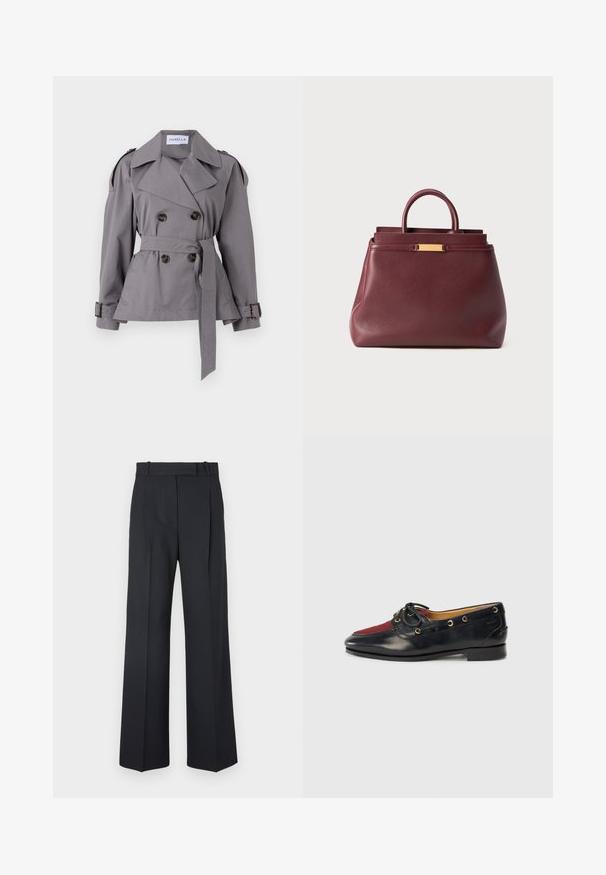 Grijs dubbel-breasted trenchcoat met een ceintuur in de taille, grote kraag en schouderepauletten. Bevat decoratieve knopen en een gladde textuur.; Lichtgrijze coltrui gemaakt van zacht breimateriaal, met lange mouwen en een geribbeld patroon bij de kraag en onderrand.; Witte lange mouwen shirt van soepel stof, met een kraaglijn en een knoopsluiting met lichtroze knopen.; Donkerblauwe pinstriped broek met een hoge taille, wijde pijpen en zonder zichtbare hardware of versieringen. Glad textuur en nauwkeurige pasvorm.; Zwarte leren bootshoe met een rode suède neus, gouden oogjes en een decoratieve strik. Soepele textuur met een lage blokhak.; Bordeaux leren handtas met een gestructureerd ontwerp, voorzien van een handvat aan de bovenkant en een gouden accent. Glad oppervlak zonder zichtbare patronen.