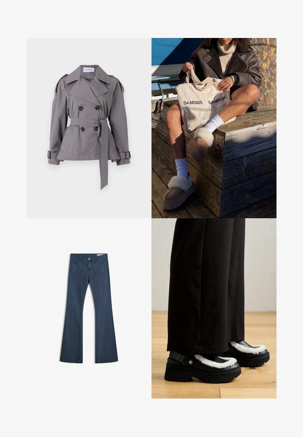 Szary podwójny płaszcz trench z paskiem w talii, dużym kołnierzem i epoletami na ramionach. Posiada ozdobne guziki i gładką teksturę.; Biała koszulka wykonana z miękkiej, lekkiej tkaniny. Posiada okrągły dekolt oraz krótkie, szerokie rękawy, zapewniające luźny krój. Brak widocznych wzorów.; Ciemnoniebieskie dżinsy typu dzwony z przeszytymi kieszeniami, zapięciem na guzik i gładką fakturą. Posiadają klasyczny pięciokieszeniowy fason.; Czarne buty na platformie z białym futrzanym wykończeniem, zaokrąglonym noskiem i paskiem z metalowym guzikiem. Nosi je osoba w czarnych spodniach na drewnianej podłodze.; Beżowa torba tote z napisem "SAMSOE" powtórzonym dwukrotnie, brązowe klapki z białym futerkiem, białe skarpetki oraz brązowy płaszcz z owczej wełny na drewnianej powierzchni.