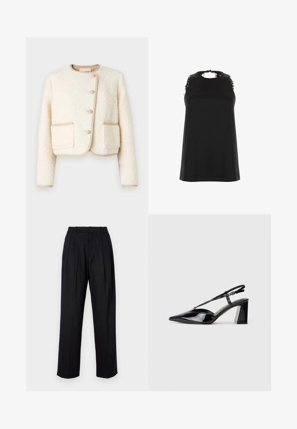 Zkrácená krémová bunda vyrobená z huňaté látky, s kulatým výstřihem, třemi knoflíky a béžovým lemem kolem okrajů a kapes.; Černý top bez rukávů s vysokým výstřihem, zdobený třepícími se krajkovými akcenty na ramenou a jemnou, hladkou texturou.; Černé kalhoty s přizpůsobeným designem, vysokým pasem, sklady a rovnými nohavicemi. Vyrobené z hladké látky s jednou barvou.; Černé lakované slingback boty na vysokém podpatku s špičatou špičkou, nastavitelným páskem a masivním obdélníkovým podpatkem.