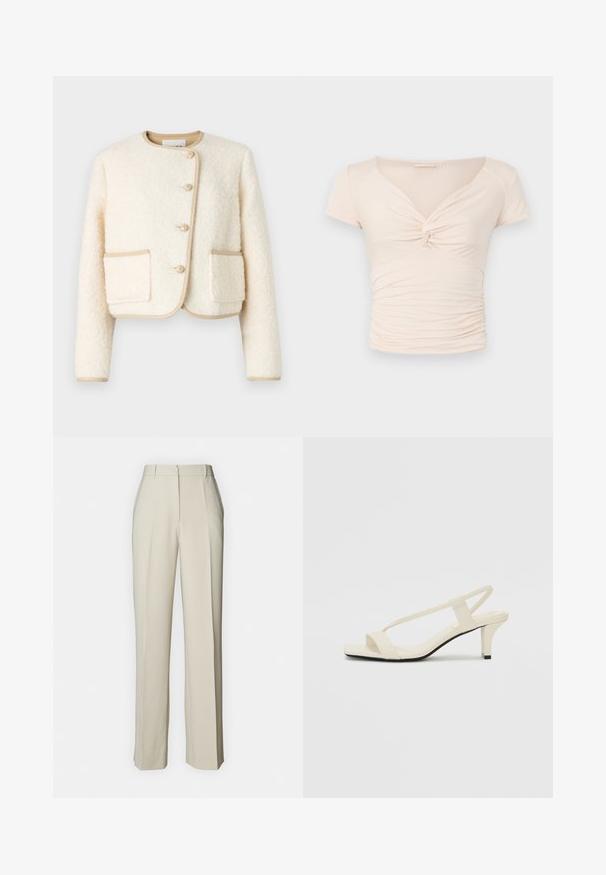 Lyhennetty kermajakku, joka on valmistettu pörröisestä kankaasta, jossa on pyöreä kaula-aukko, kolme nappia ja beige reunus reunoilla sekä taskuissa.; Vaalean beige lyhythihainen toppi, jossa on V-mallinen kaula-aukko ja kierretyt yksityiskohdat edessä. Sivut ovat rypytettyjä, mikä luo istuvan muotoilun.; Beige räätälöidyt housut, joissa on suora leikkaus, etupleatsit, litteä vyötärö ja sileä pinta siistiä viimeistelyä varten.; Beige sandaalit, joissa on loiva korko, ohuet hihnat ja neliönmallinen varvasosa. Sileä materiaali, jossa on minimaalista yksityiskohtaa, suunniteltu helppokäyttöiseksi.