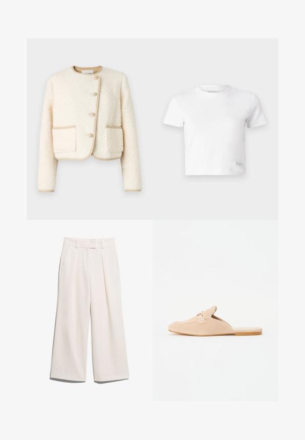 Lühikesed kreemivärvi jakk, mis on valmistatud kohevast kangast, ümmarguse kaeluse, kolme nupu ja beezide äärte ning taskute äärdega.; Valge lühike t-särk, mis on valmistatud siledast puuvillast, kõrge kaelusega ja lühikeste varrukatega. Väike tikand logoga alumises nurgas.; Laiad püksid heledas kreemjas värvitoonis, valmistatud siledast kangast, kahel esimesel taskul ja nähtava õmblusega vöökoha juures.; Bežid nahkainest slip-on loafers suletud varbaga, millel on dekoratiivne pandla detail ja lame korkpõhi. Sile tekstuur ja minimaalne disain.