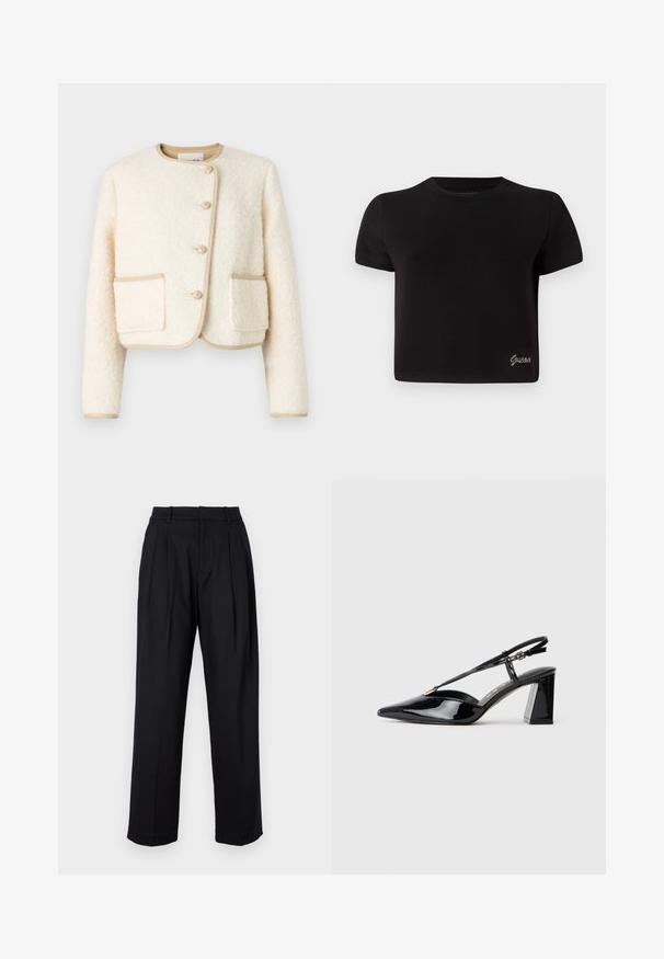 Kratka krema jakna iz puhastega materiala, z okroglim ovratnikom, tremi gumbi in bež obrobo okoli robov ter žepov.; Črna kratkotrajna majica iz bombaža. Ima okroglo ovratnico in majhen srebrni logotip "Guess" na spodnjem levem delu.; Črne hlače z krojem po meri, ki se ponašajo z visokim pasom, plitvimi gubami in ravnim krojem. Narejene so iz gladkega blaga z enotno barvo.; Črne lakirane slingback visoke pete z ostrim nosom, nastavljivim trakcem in debelim pravokotnim peto.