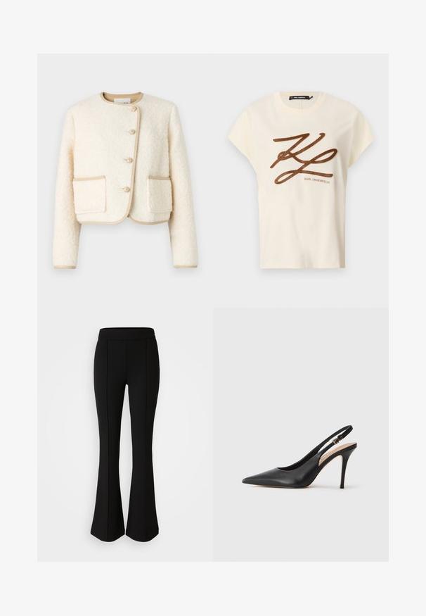 Gekürzte cremefarbene Jacke aus flauschigem Stoff, mit Rundhalsausschnitt, drei Knöpfen und beigem Besatz an den Kanten und Taschen.; Cremfarbener Baumwoll-T-Shirt mit kurzen Ärmeln, mit einem braunen gestickten Logo und Schriftzug auf der Vorderseite.; Schwarze, ausgestellte Hose aus einem dehnbaren Material mit glatter Textur, ausgestattet mit Nahtdetails an der Vorderseite für ein zusätzliches Designelement.; Schwarze Leder-Slingback-Pumps mit spitzer Zehenform, glatter Textur und einem zarten Riemen mit einer metallischen Schnalle.